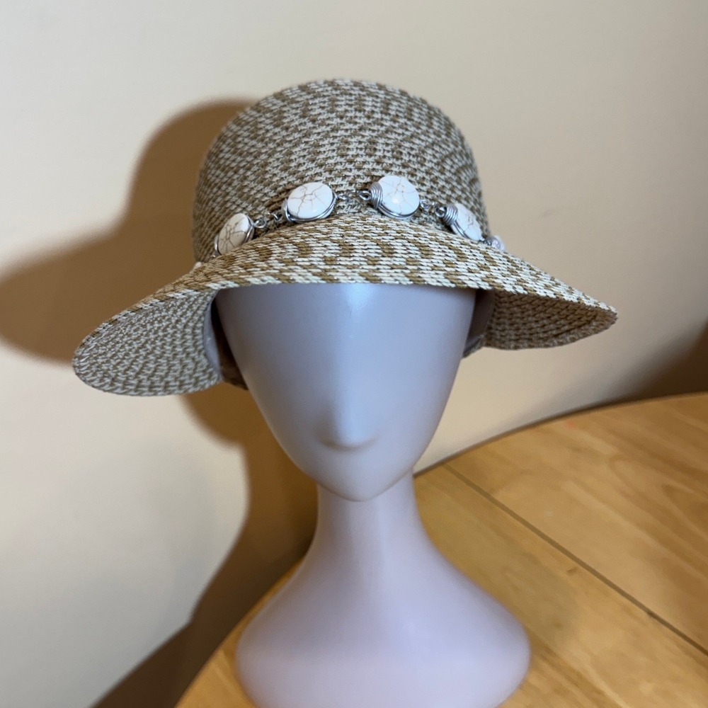Woven Straw Cloche Sun Hat Tan Cream Faux Stone Chain Accent Coastal Beach Boho